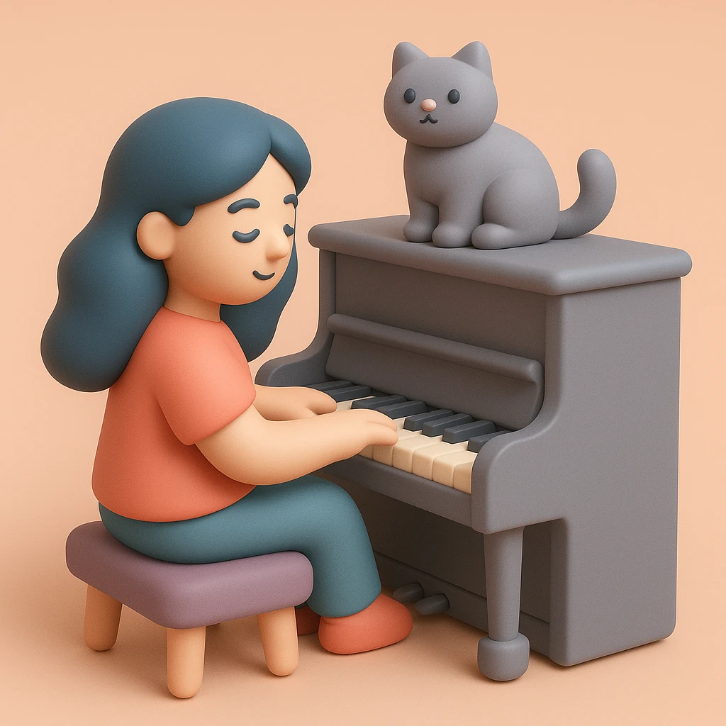 woman playing piano while her cat sits on top of the piano emoji