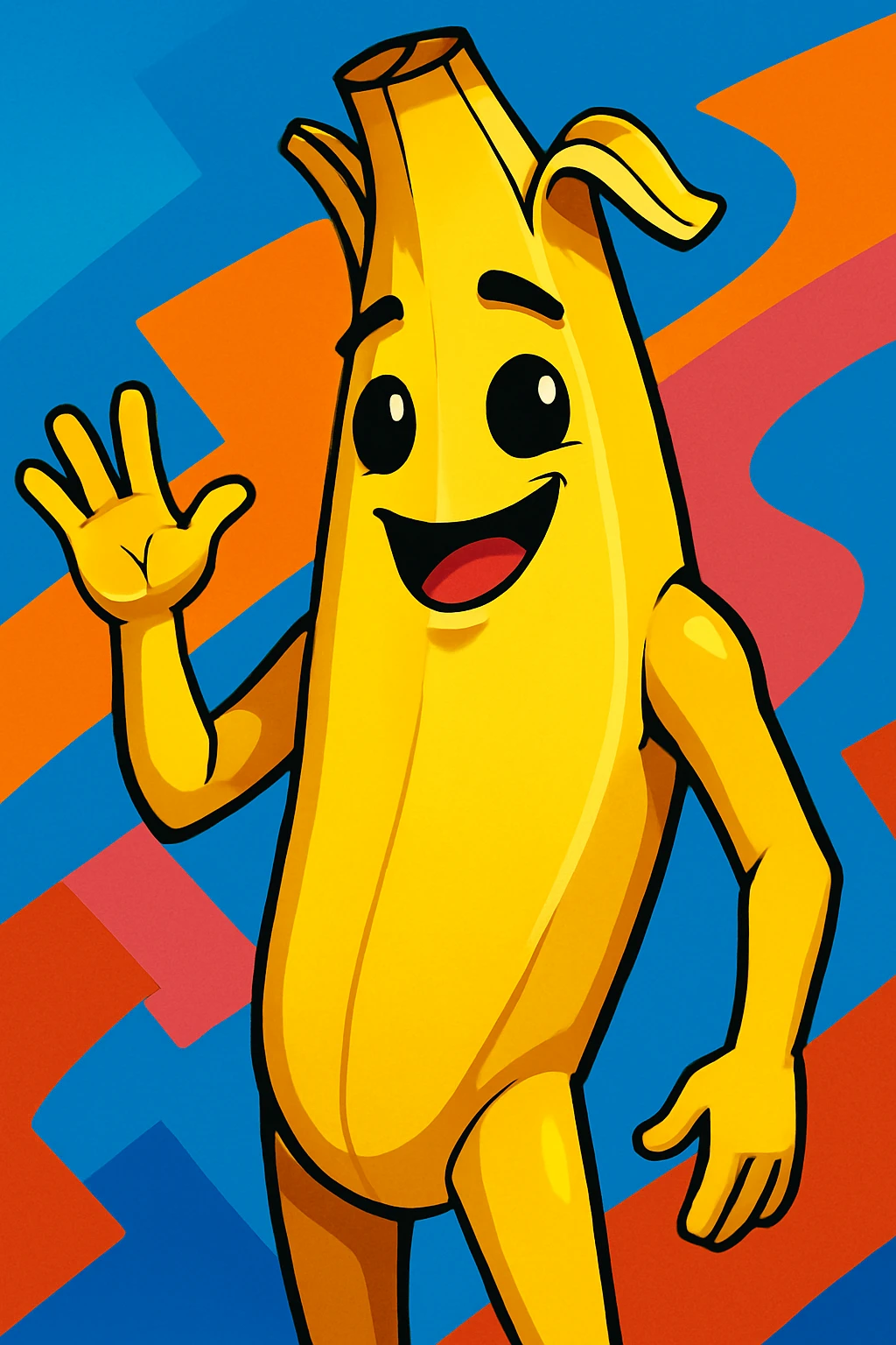 Fortnite skin Peely, anthropomorphic banana, playful expression, vibrant toon style emoji