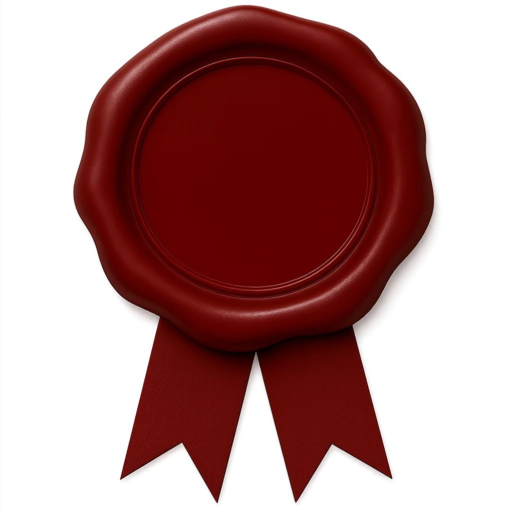 Add an elegant and simple decorative ribbon underneath the deep red wax seal. Keep the background transparent. Maintain the style and look of the original image. emoji