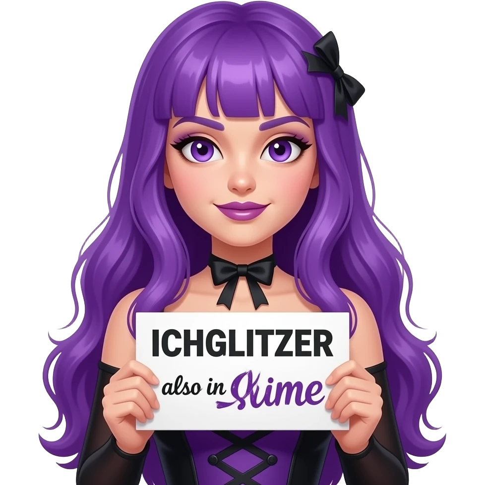 sexy girl with long purple hair and purple eyes wearing a halloween dress holding a ICH GLITZER auch im SCHLAMM sign emoji