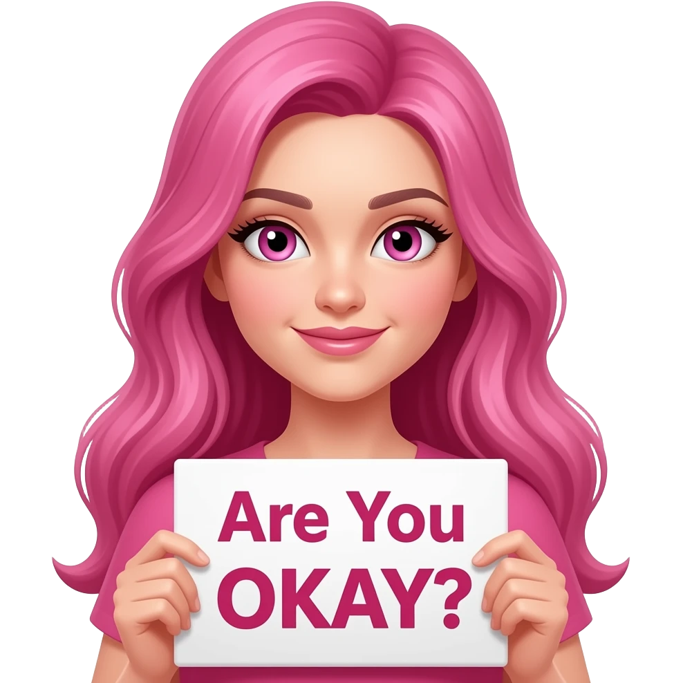 sexy girl with long pink hair and pink eyes holding a Are You OKAY? sign emoji