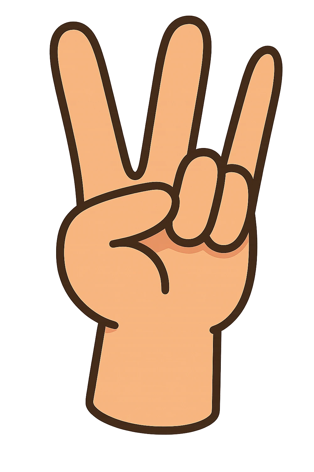 Edit the cartoon style hand in a peace sign gesture to have the pinky finger fully straight (not bent). Keep the original style and colors, no white outline, and transparent background. emoji