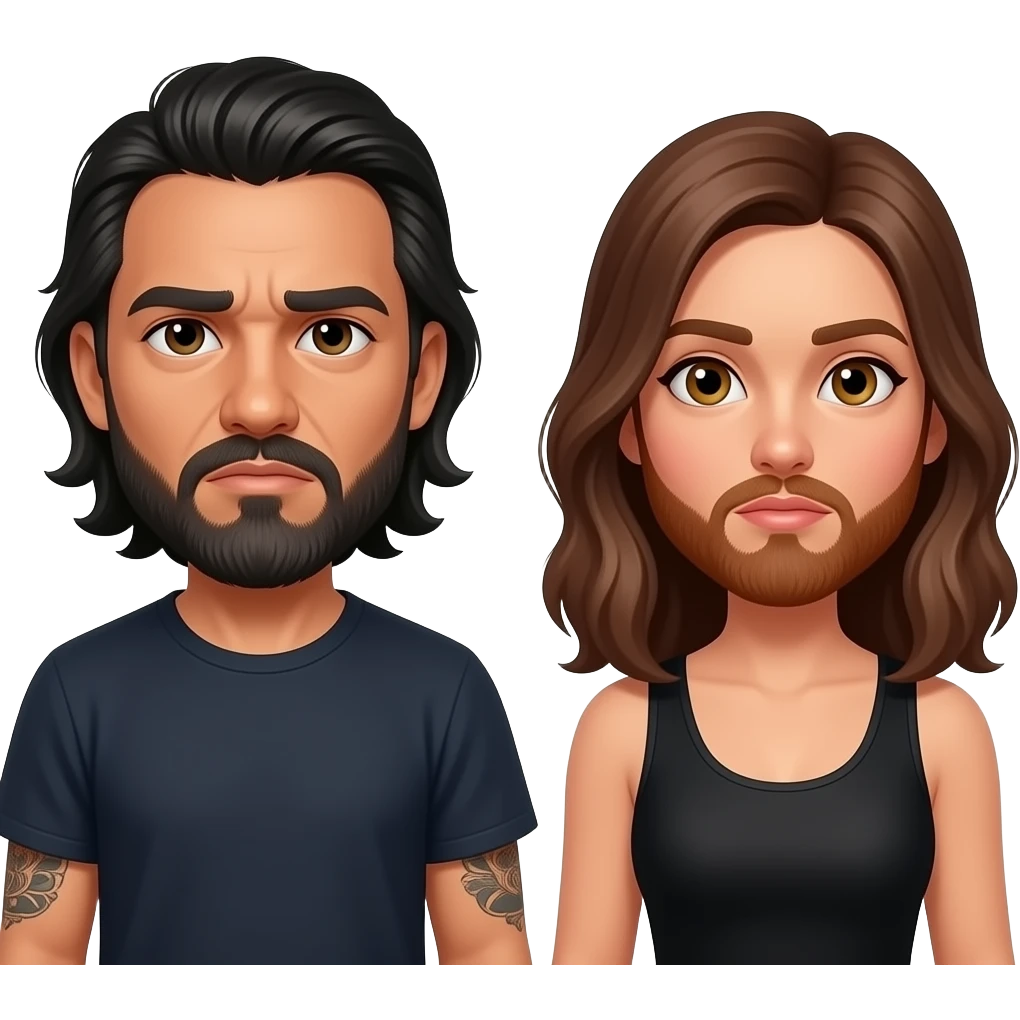 A really sad but angry Latino husband with medium length hair and beard and tattoos found out his wife was cheating on him with a bald, red bearded guy, and his wife is beautiful with hazel eyes and shoulder length brown hair and their relationship is broken emoji