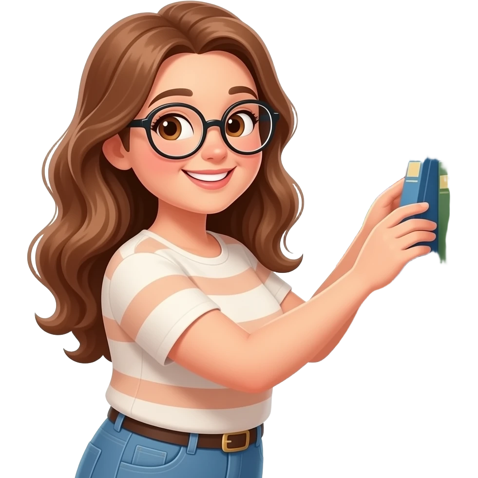 detailed emoji illustration of a curvy woman with long light brown wavy hair, light brown eyes and round glasses organizing books on a bookshelf, happy book lover vibe, cute emoji style emoji