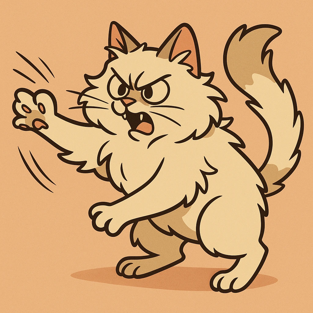 a fluffy cat swatting at something, dynamic pose, cartoon style emoji