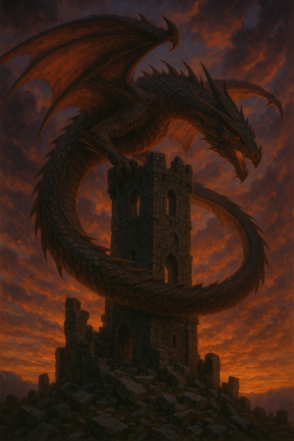 dragon circling a ruined tower at sunset, dramatic fantasy style emoji