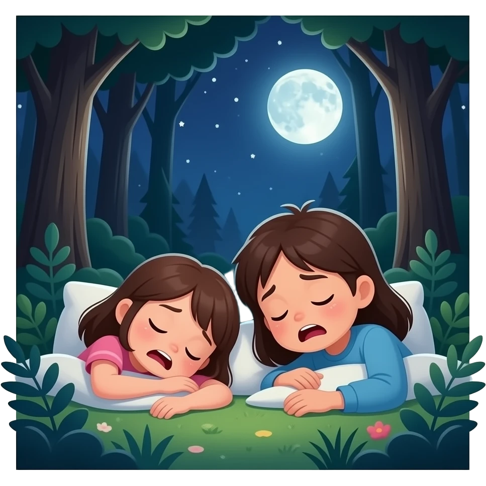 un niño y una niña que son hermanos durmiendo en el bosque, estan asustados y es de noche emoji