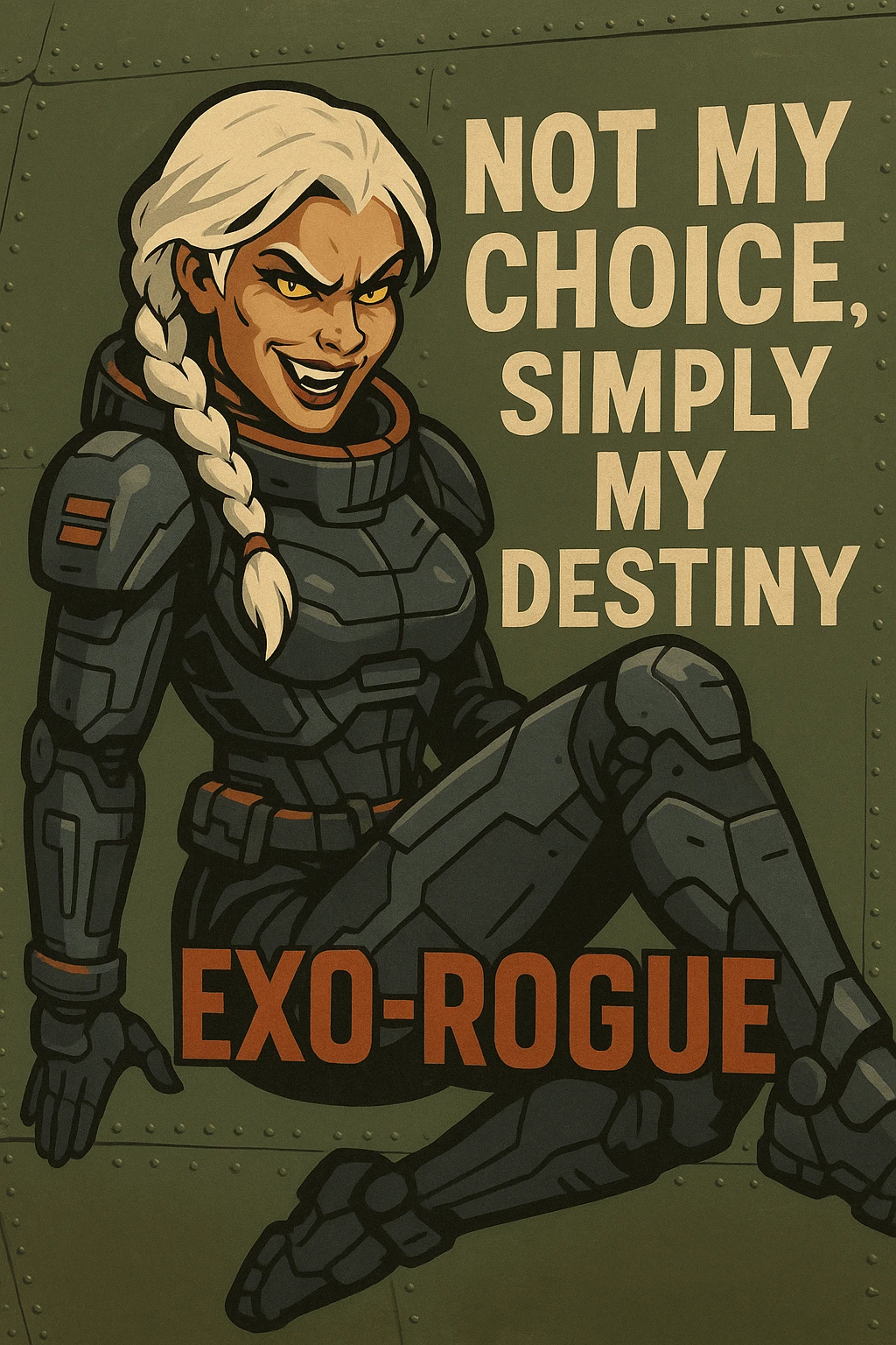 a retro military pinup fuselage decoration for the motto " not my choice, simply my destiny "
; female figure, white hair 1 braid, gold yellow eyes, spacer, fierce, exo-rogue, menacing yet taunting emoji
