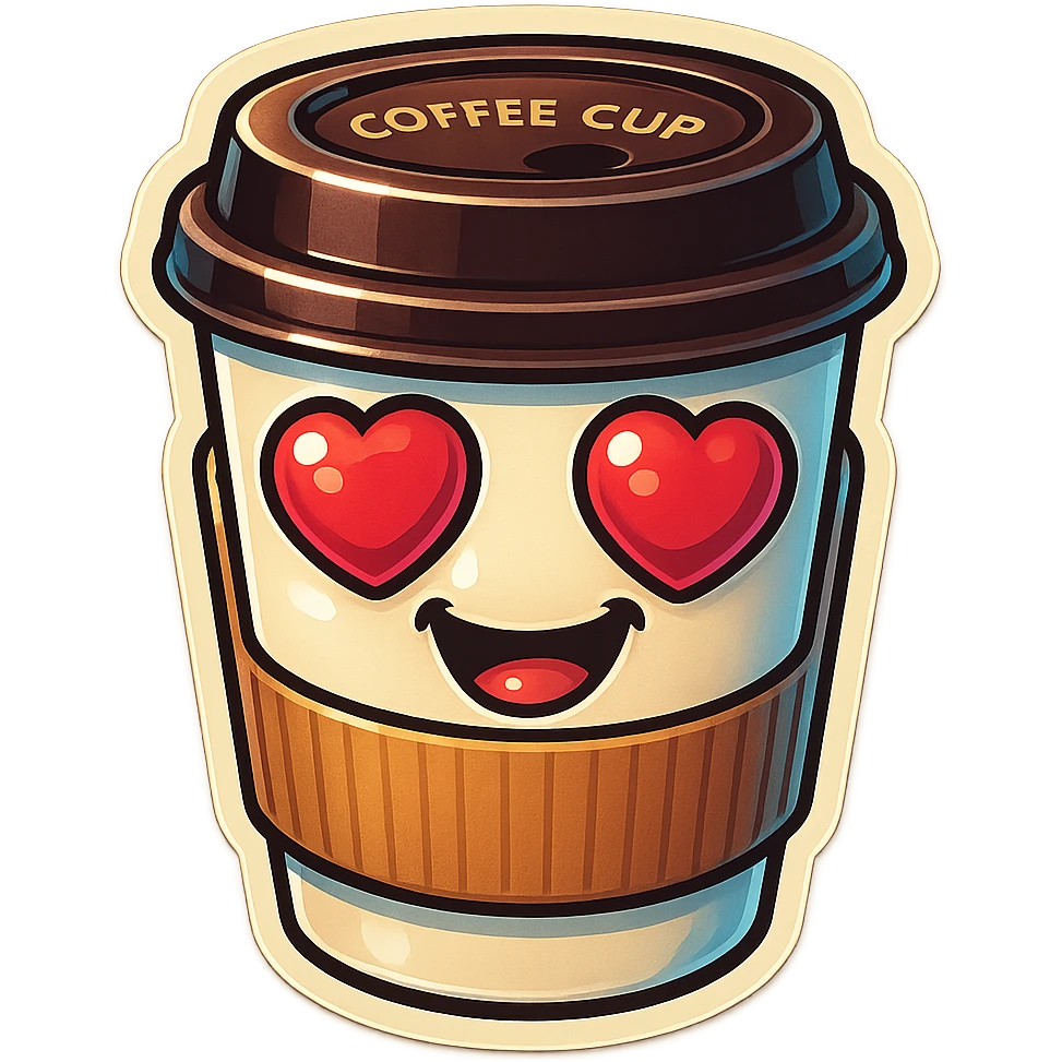 Ink wash style, coffee cup creature, big heart eyes, dopey smile emoji