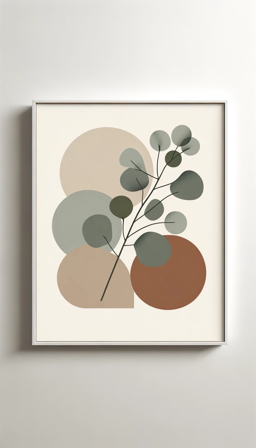 abstract botanical wall art, minimalist scandinavian style, large rounded organic shapes, eucalyptus branch silhouette, neutral earth tones (beige, sage, terracotta), subtle paper texture, modern interior decor, full bleed composition --v 6 --ar 3:4 --q 2 --style 4a emoji