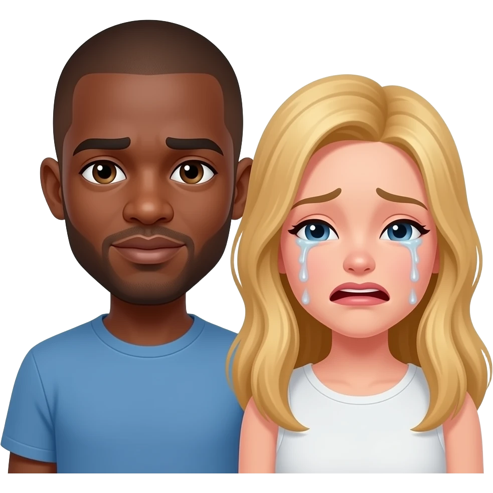 Black man with shaved head & blonde girlfriend cryig emoji