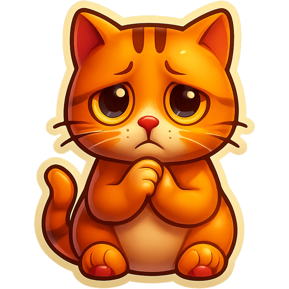 Bring the cat's paws up so they are touching each other just below the chin. Make the face look even sadder, with more expressive disappointment. Keep the style and transparent background. emoji