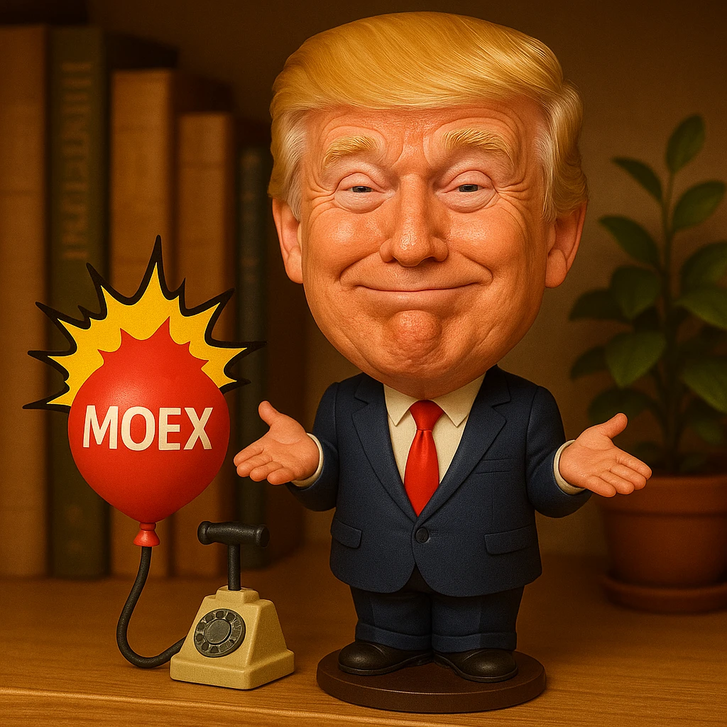 Точно такой же Дональд Трамп с точно такими же вещами как на картинке разводит руками с улыбающимся лицом, а шарик MOEX взрывается, мол извините emoji