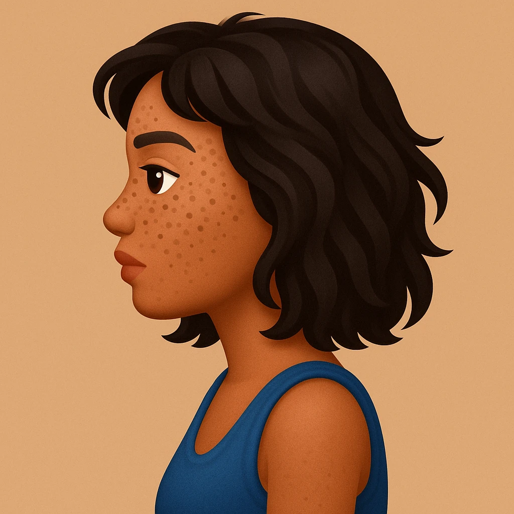 turn the second man in emoji style of the 1st image, match the facial features and match dressing style of the 2nd image, she is wearing blue tank top lose, side pose emoji