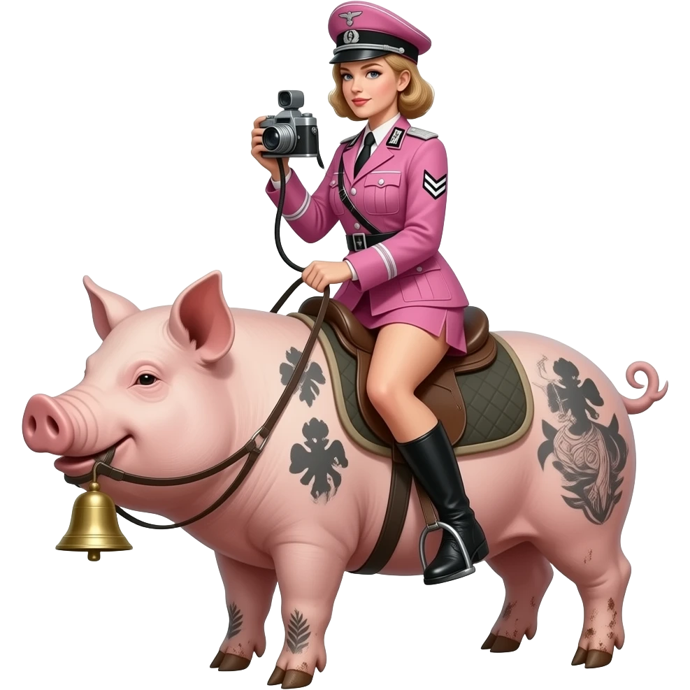 A thin and seductive steampunk style female rider in a pink German army uniform from World War II rides a large tattooed pig with an antique bellows camera and bare, dirty feet. emoji
