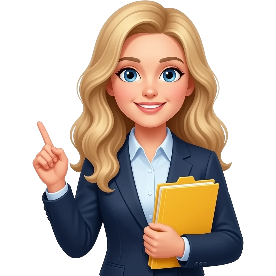 a teacher with long wavy blond hair and blue eyes holding a yellow folder in the right hand emoji