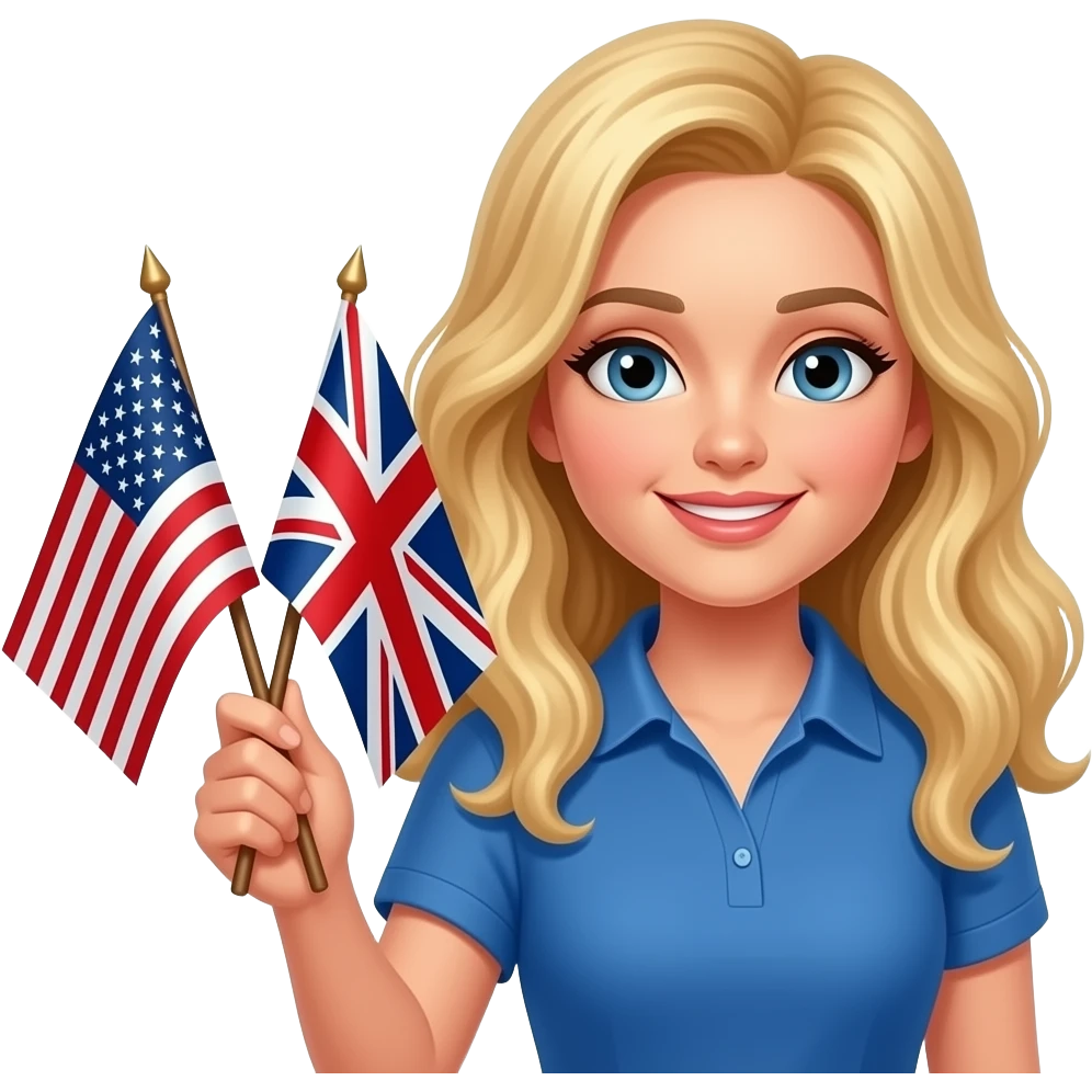 a teacher with long wavy blond hair with the usa and british flag in the right hand emoji