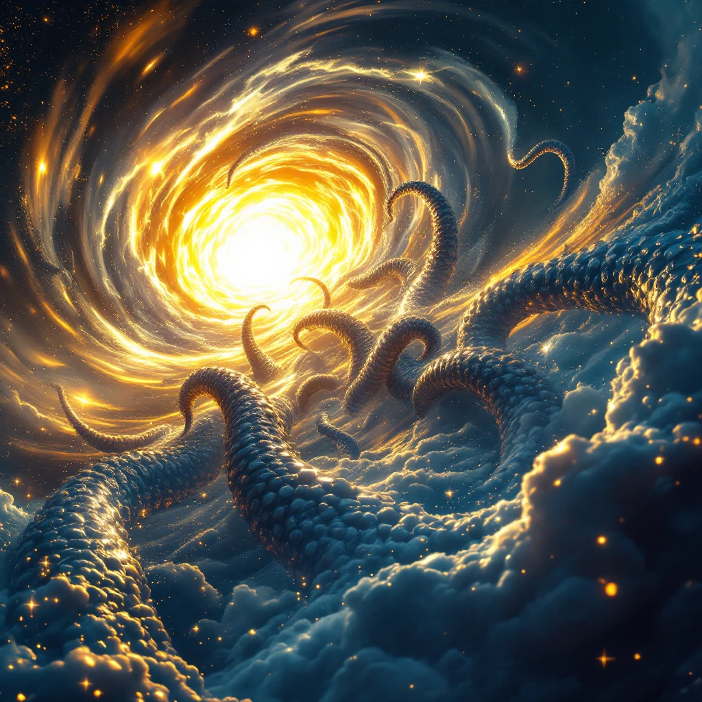 Bright, highly visible tentacles emerging from a swirling cosmic vortex in the sky, no visible creature, dramatic lighting, high contrast, cosmic horror emoji