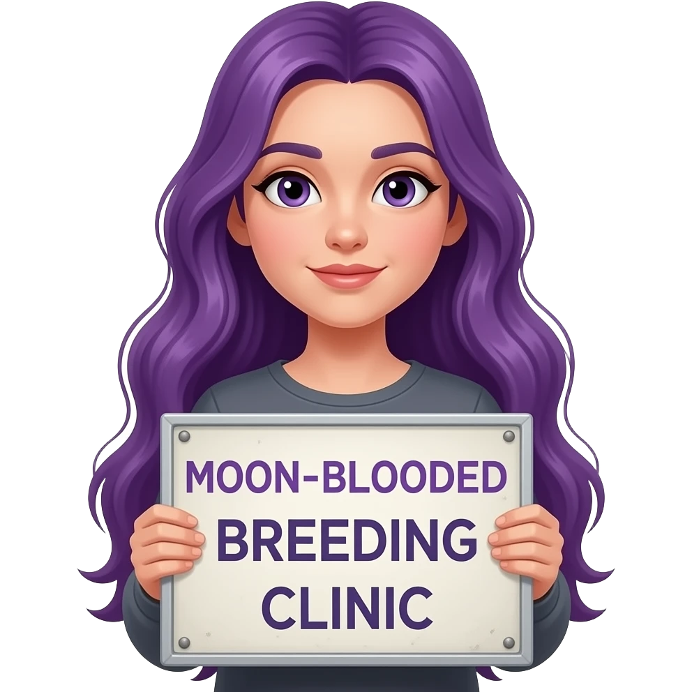 girl with long purple hair with a MOON-BLOODED BREEDING CLINIC sign emoji