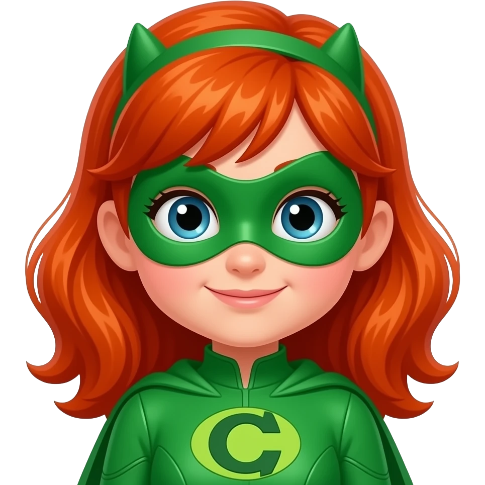 quiero que me hagas a una superheroina con el pelo pelirrojo mascara verde i con un traje verde que sea UNA NIÑA DE 6 AÑOSsin orejas emoji