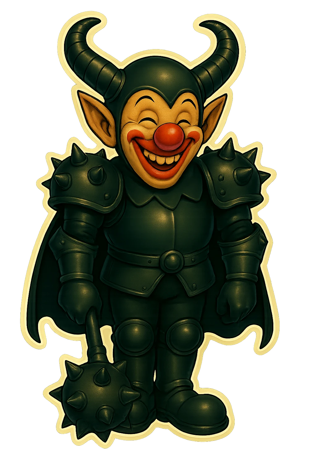 A menacing but jovial armored clown with ram horns, glossy black on matte black armor, short cape hanging straight down, large but not comically oversized black clown shoes, standing relaxed with feet close together, arms down, oversized spiked mace hanging to the ground, eyes barely open, smiling and looking cheerful, vibrant retro stickers style, no yellow aged tint, full body, transparent background. emoji