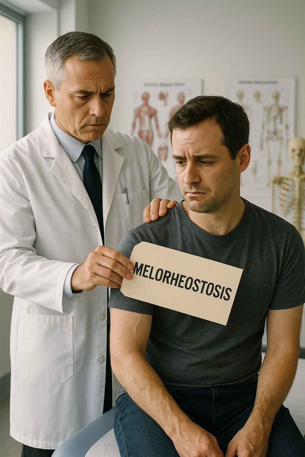 A realistic, cinematic illustration set in a bright, modern medical office. A middle-aged doctor in a white lab coat with a serious expression is shown gently placing a large paper label on the shoulder of a male patient sitting on the examination table. The label has the word 'Melorheostosis' written on it, symbolizing the act of labeling the patient with his rare bone condition. The patient looks confused and slightly disheartened, wearing a simple t-shirt with part of his arm exposed, showing subtle signs of bone thickening or deformation associated with melorheostosis. The background includes medical charts and a softly blurred skeleton model, emphasizing the medical setting. The lighting is bright but neutral, conveying a sterile, clinical atmosphere while focusing on the symbolic moment of receiving a diagnosis label. The mood is introspective and slightly heavy, illustrating the emotional weight of being defined by a rare chronic condition emoji