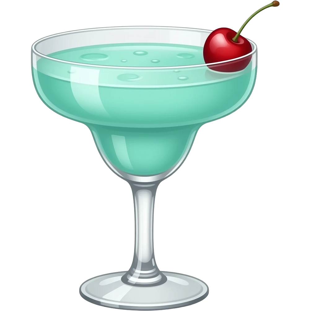 #A0F4F4 color cocktail in margarita glass with a single small cherry on top, clean and calm surface with no splashes and no bubbles emoji