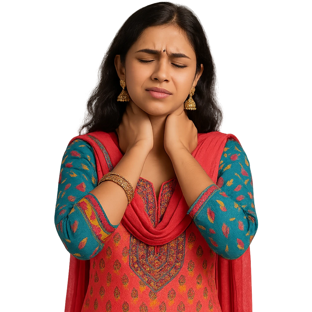 A young woman in salwar kameez, holding her neck with both hands, traditional jewelry, colorful, no background emoji