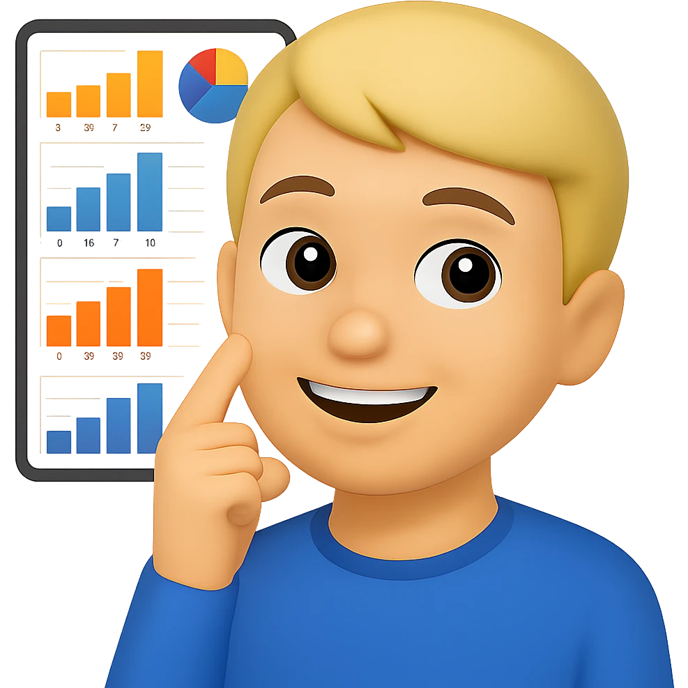 Person thinking with graphs in the background, smiling, in apple emoji style with a blue background. emoji