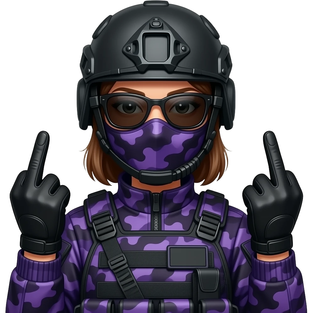 Woman in large black aviator sunglasses dark purple camoflage tactical gear helmet and mask giving the finger two times in black gloves emoji
