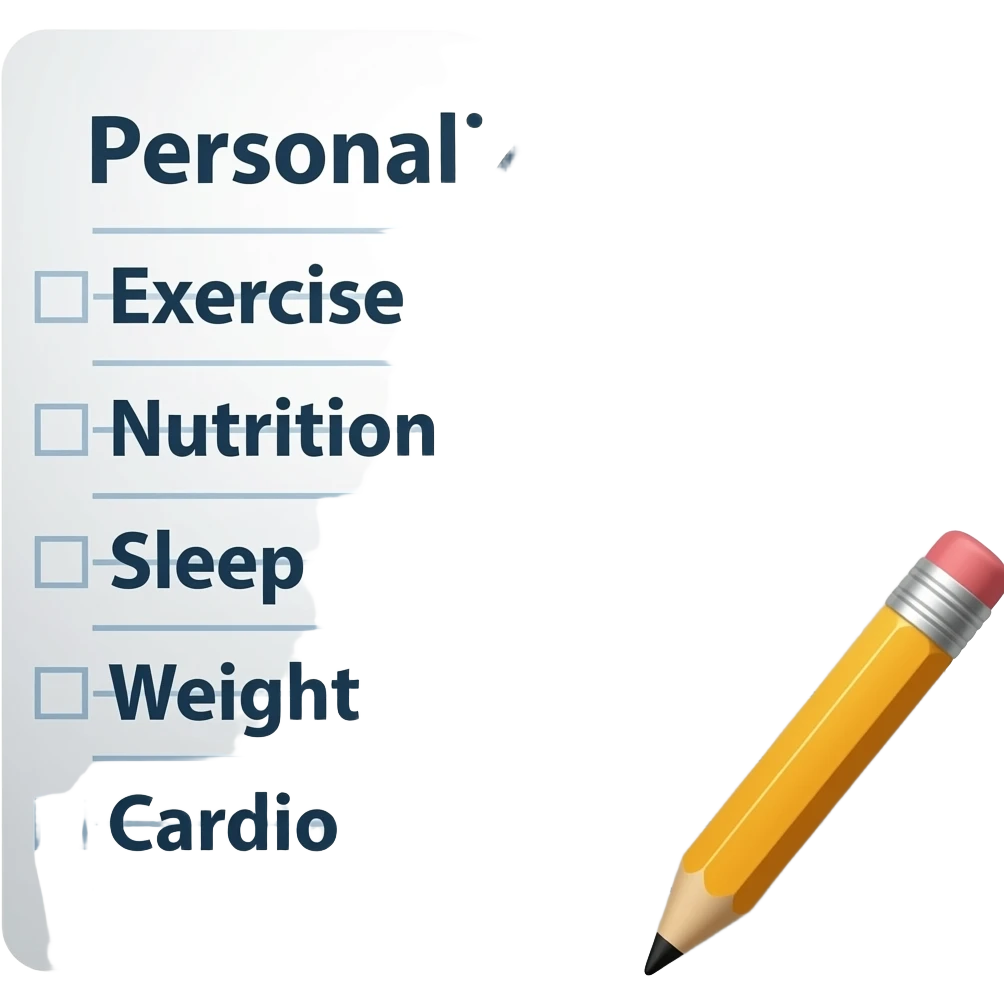 A gym workout plan, with a pencil in the corner and titled "Plan personnalisé" should clearly state the following: Exercice, Alimentation, Sommeil, Poids, Cardio. this is French emoji