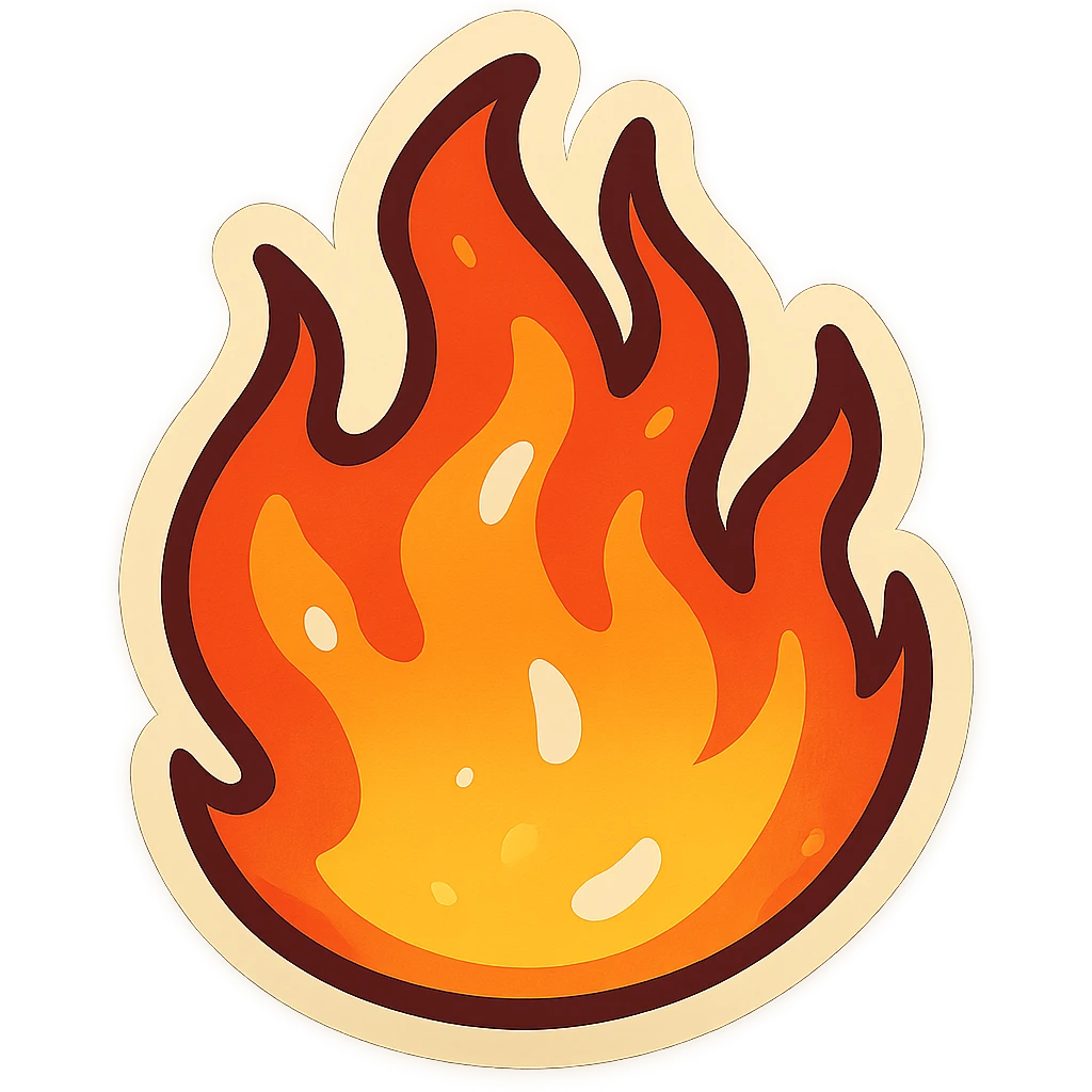 retro sticker style illustration of a bright, energetic flame with bold outlines, playful shapes, glossy highlights, volumetric and moving flame emoji