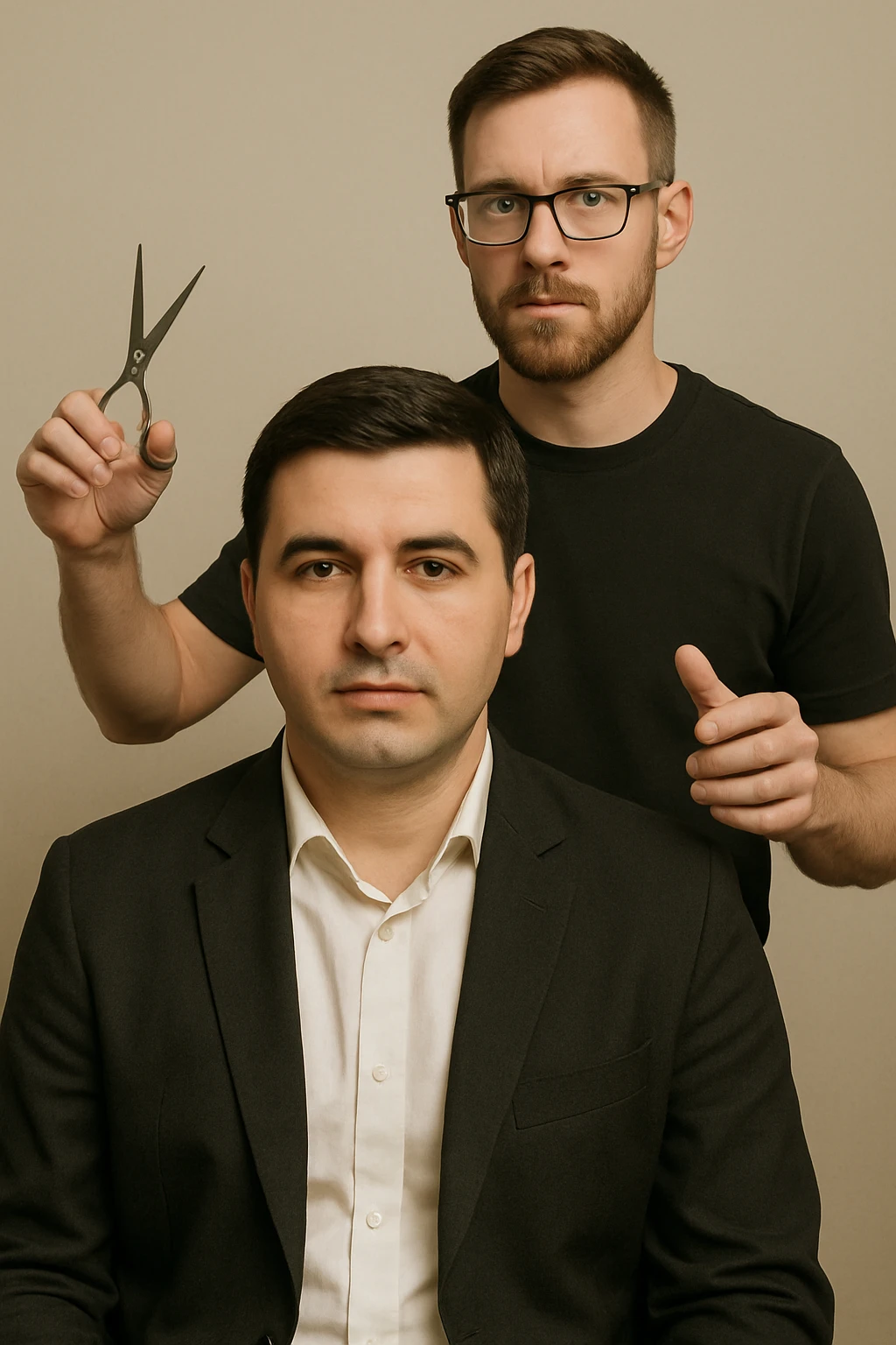 manashu akani yuzlaridan foydalanib sartarosh chizib bergin u soch olishga tayyor turganini chizib ber old rakursda bulsin mijoz tugriga qarab utirganini va sartarosh uni orqasida turib bitta ulida qaychi, ikkta quli bilan tayyorgarlik kurib turganini chizib ber xuddi 1,2,3 boshladik degandey birdaniga ishga kirishib ketadigan dek tayyor bulib tursin emoji