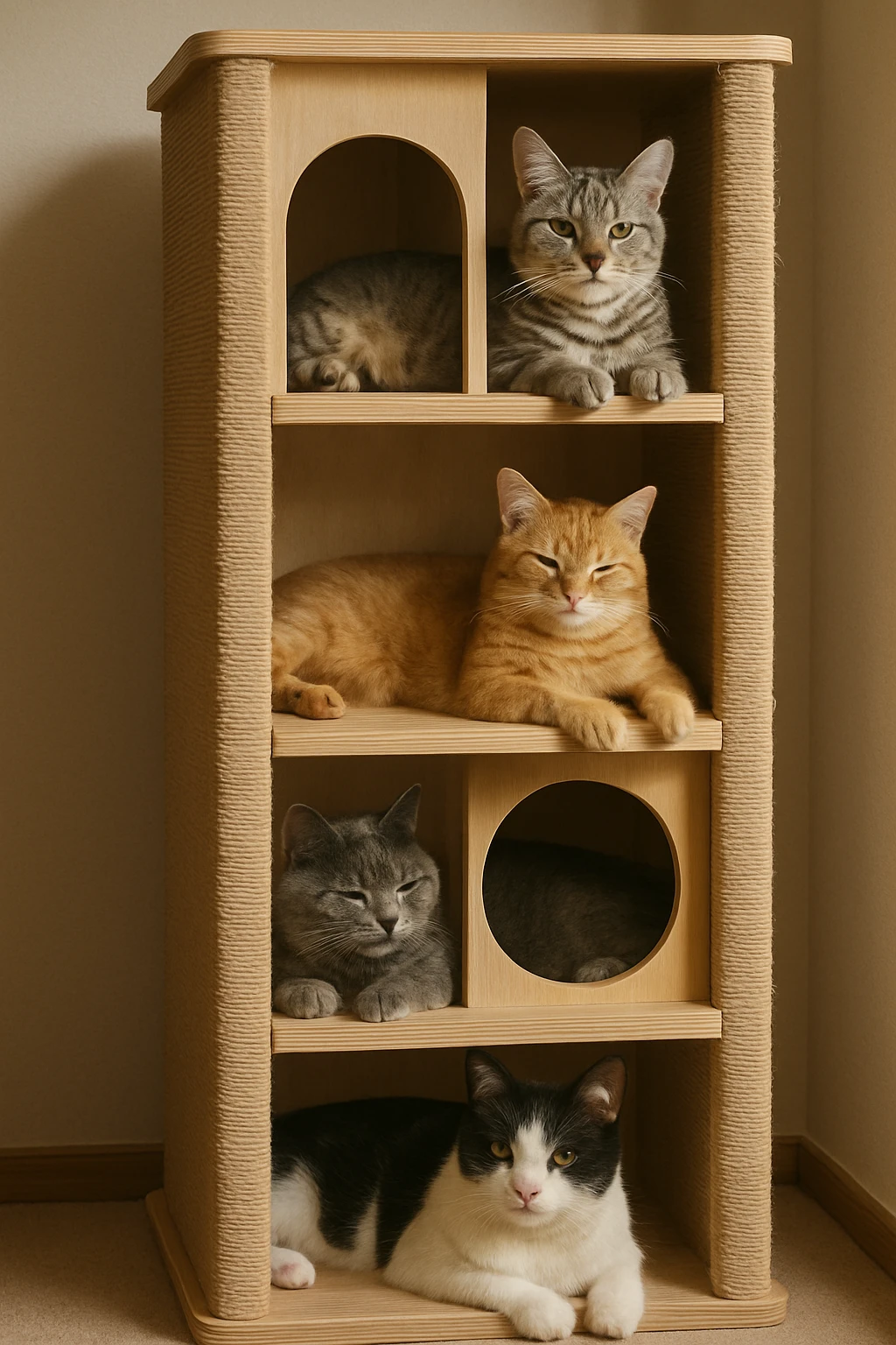 cats relaxing in a vertical playhouse emoji