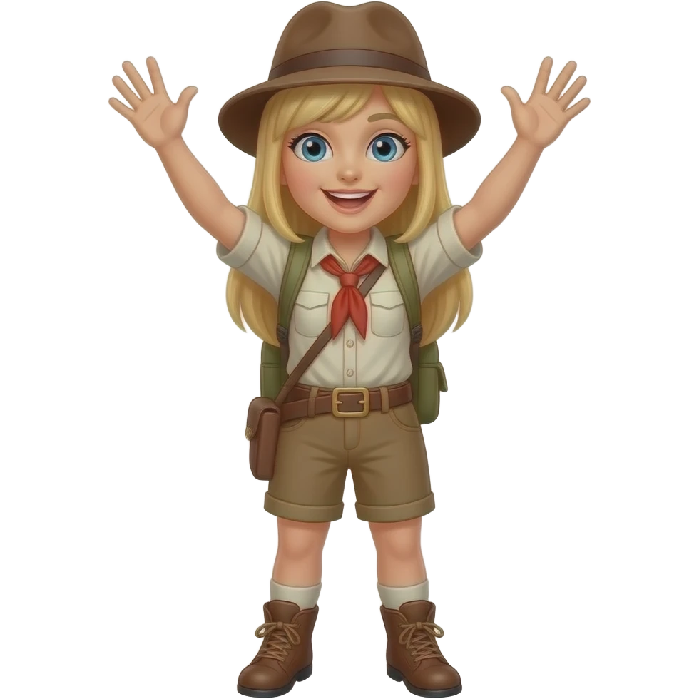 Quiero una chica rubia, con pelo liso y con el flequillo abierto por la mitad, los ojos azules y de ropa tiene que ir como una viajera estilo indiana jones y debe aparecer como dando ánimo con los brazos emoji