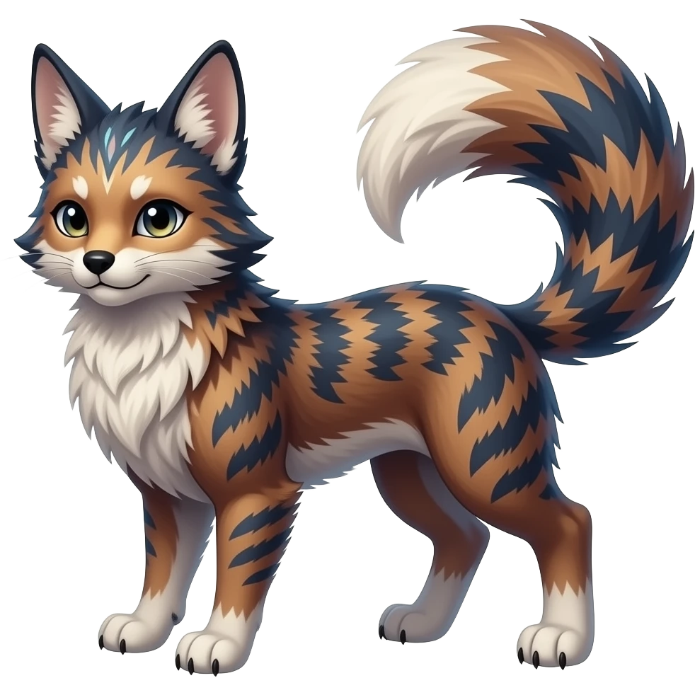 Cool beautiful pretty esoteric aesthetic randomly-colored realistic furry anthropomorphic fantasy-Vernid-creature by LiLaiRa with a long tufted tail with edgy markings (full body) emoji