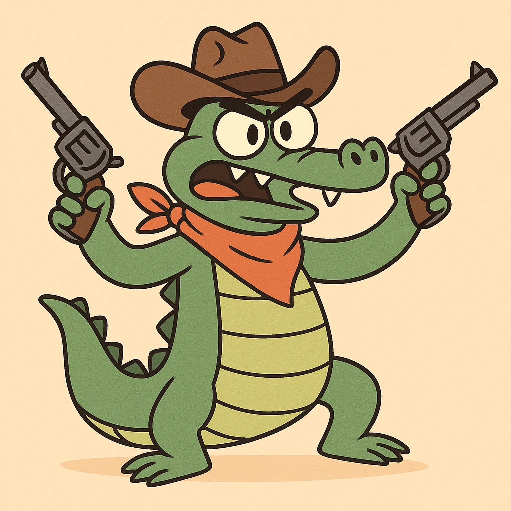 alligator in a cowboy hat, dual-wielding revolvers, playful cartoon style, fun and lively emoji