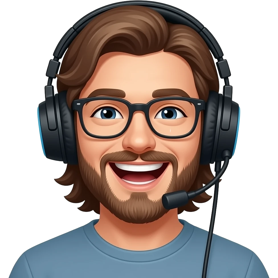 homme, casque jeux, rire, cheveux long, brun, barbu, lunette emoji