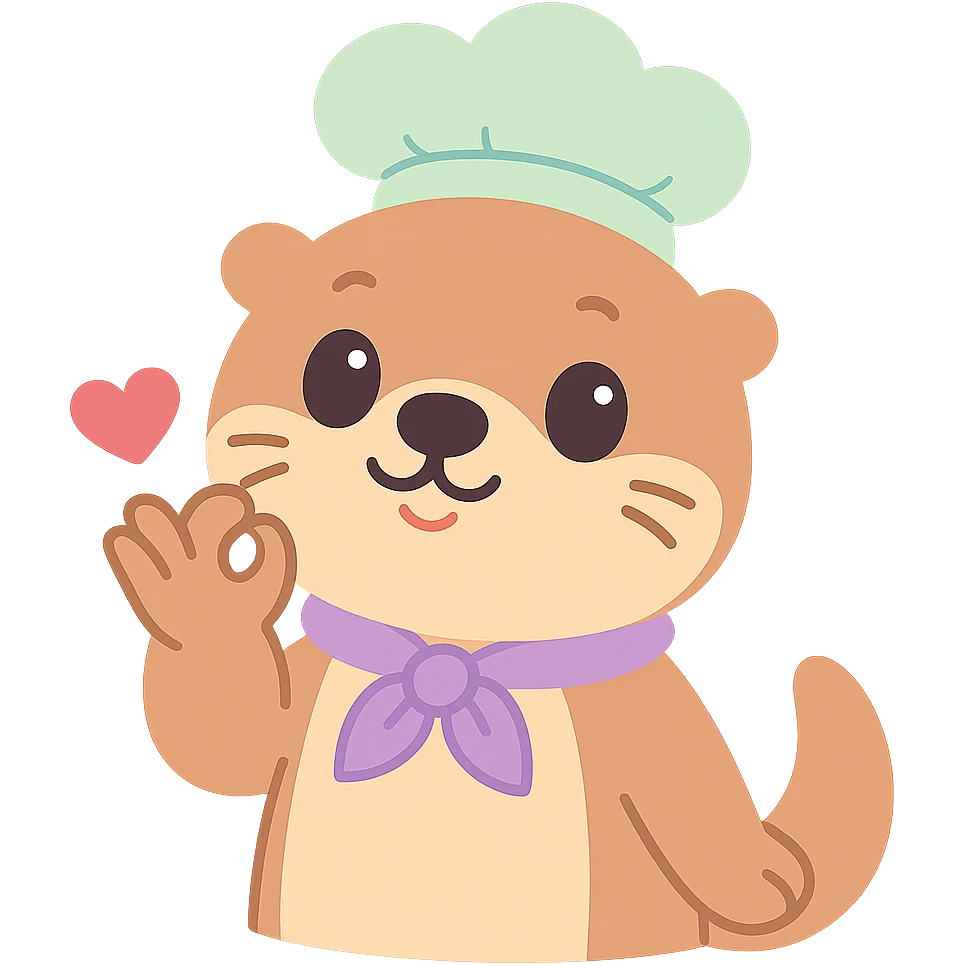 Make the background transparent and add a small red heart coming out from the otter's hand as it does the chef's kiss, keep the kawaii style. emoji