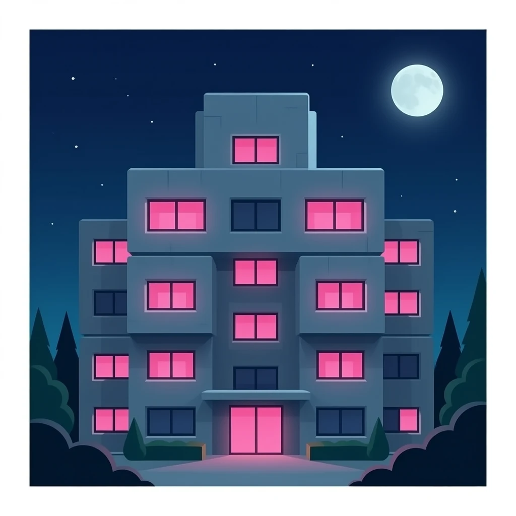 Brutalist fancy concrete building with pink glowing window, minimalist style emoji
