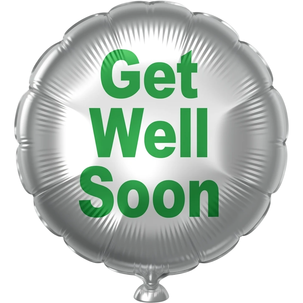 Silver foil ballon with green get well soon writing emoji