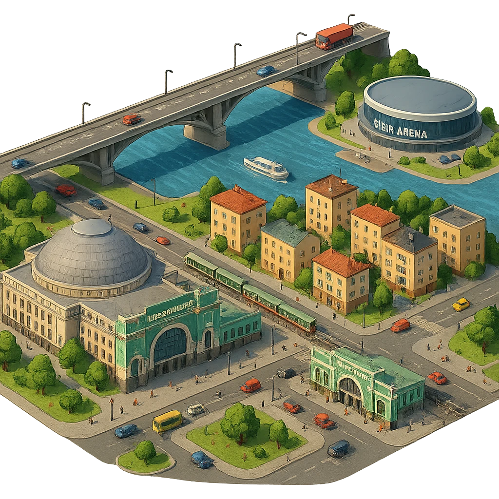 Изометричная миниатюрная фотореалистичная 3D модель Новосибирска - Опера, Вокзал, мост через Обь, Сибирь Арена, дома, четкая детализация, яркие цвета, мультяшный реализм, люди, автотранспорт, компактная композиция, вид сверху в изометрии, прозрачный фон emoji