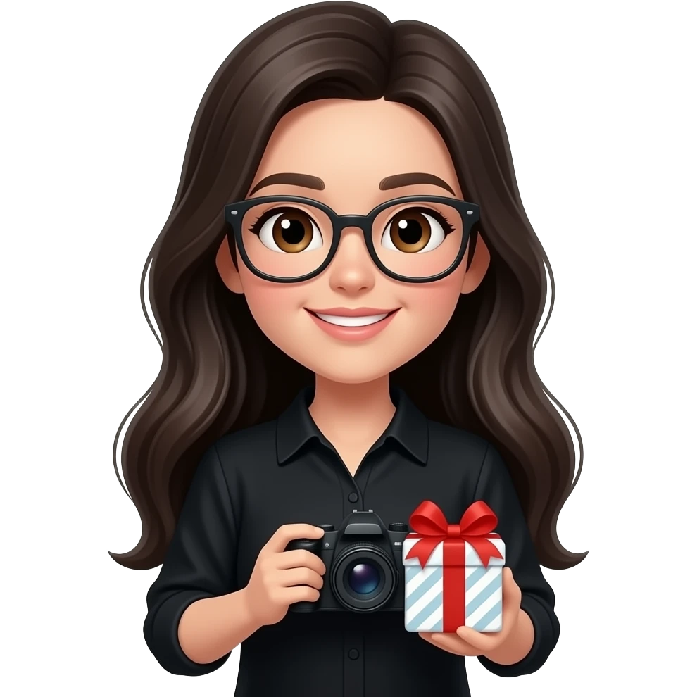 long black haired girl wearing glasses with brown eyes and black shirt with birthday gift and camera emoji