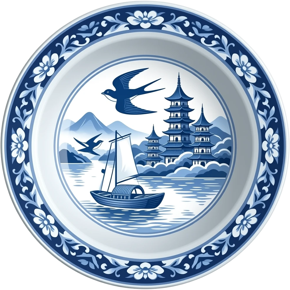 chinoiserie blue willow china pattern side view serving deep bowl with a boat, pagodas and two swallows emoji