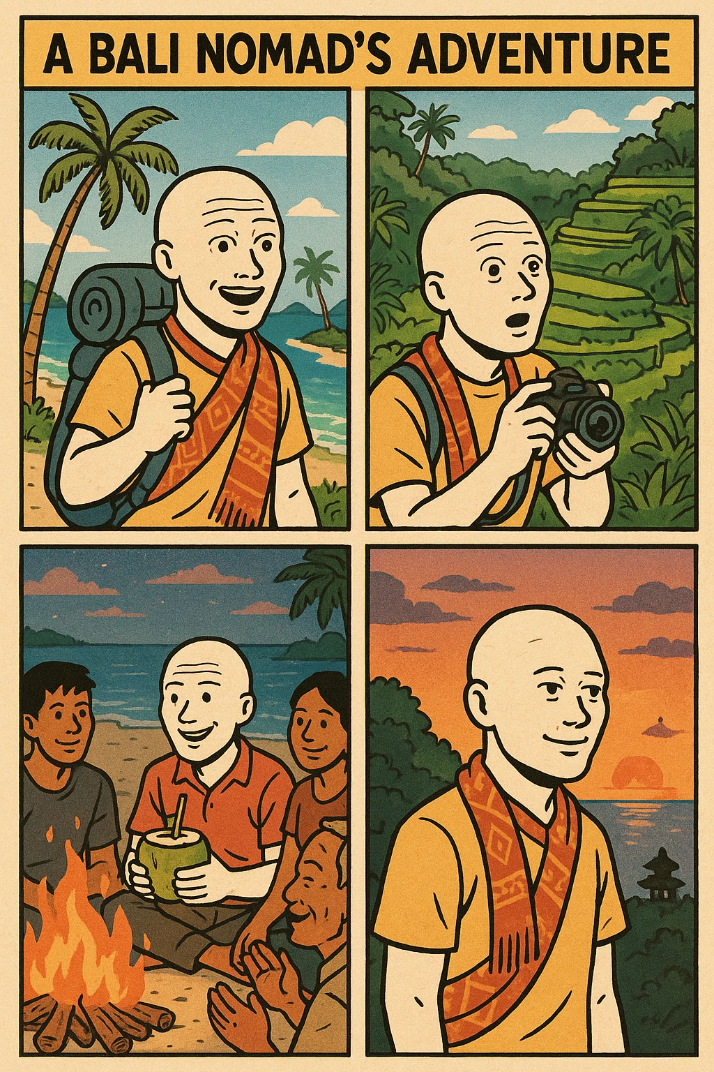 Create a wojak-style comic book with four panels, telling the story of a bali nomad's adventure emoji