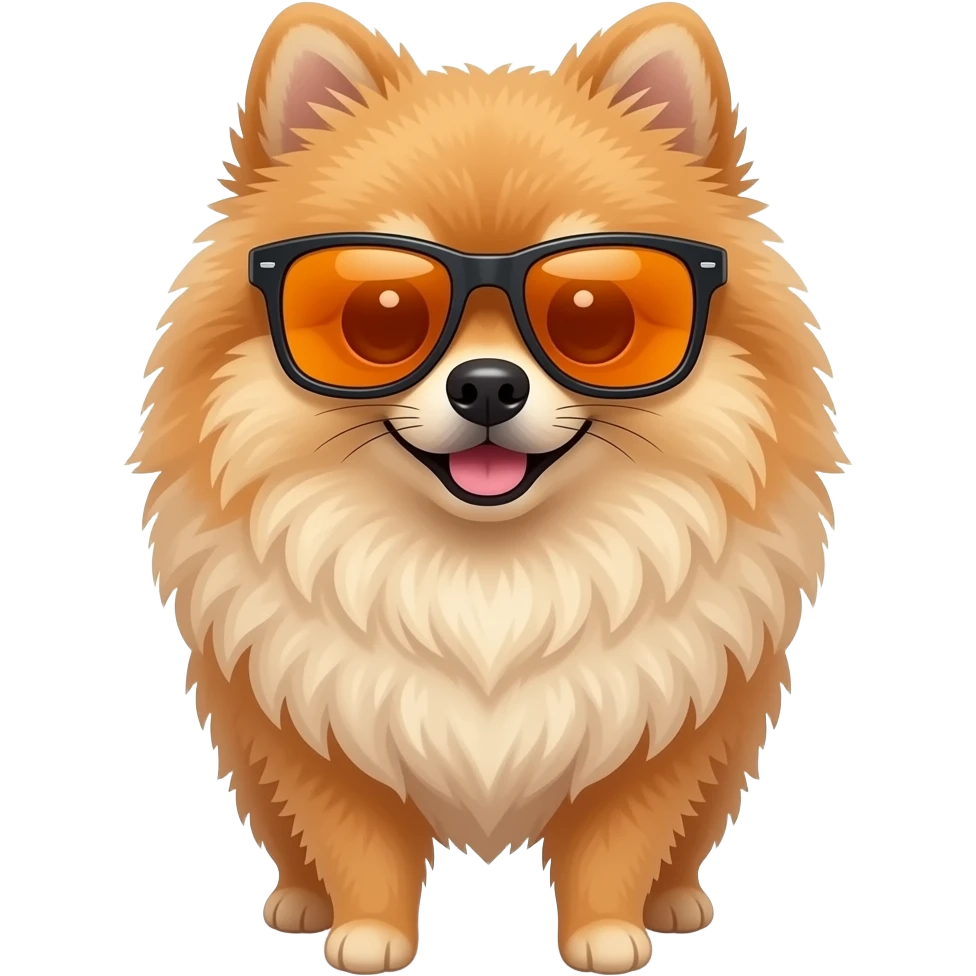 pemeranian spitz wearing oakley sunglasses with orange reflecting mirror lences, with a lot of fur emoji