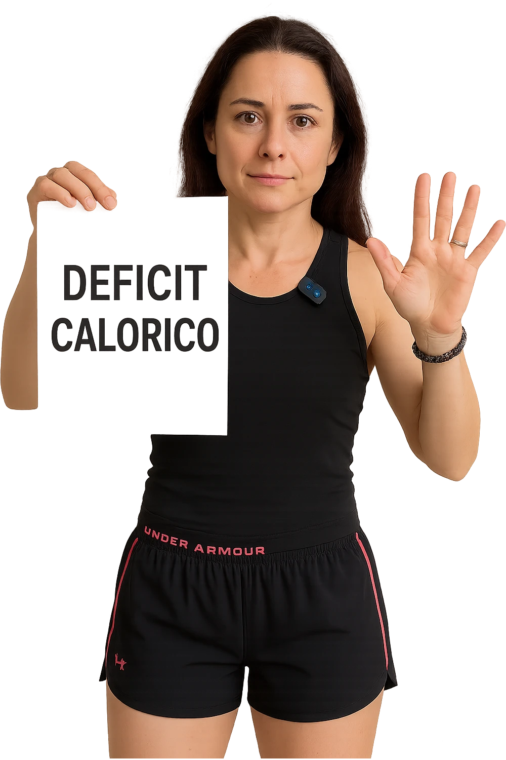 Donna con in mano una dieta con scritto "Deficit Calorico" emoji