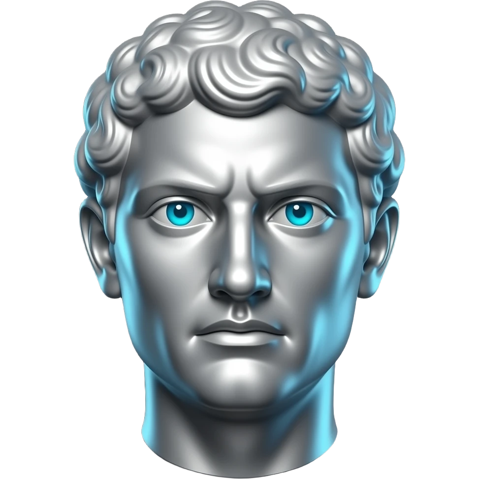 "A chrome/silver stoic Greek statue head, front-facing, serious focused expression, glowing cyan (#00D4B1) eyes, dark background. Metallic reflections with subtle cyan light accents. Clean, no background, emoji style, high detail. The statue represents discipline, focus and self-mastery." emoji