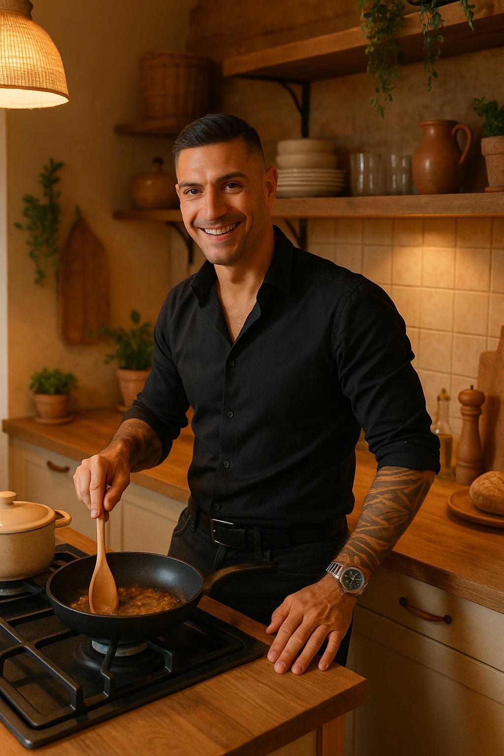 Uomo che sta cucinando a casa sua emoji