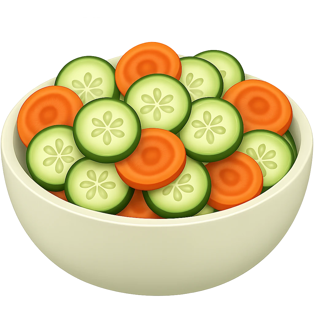 Add cut carrot slices to the cucumber salad in a bowl. The style should resemble emoji style with no background. emoji